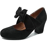 Women's Mary Jane Pumps with Bow, Block Heel, Closed Round Toe, Vintage Style