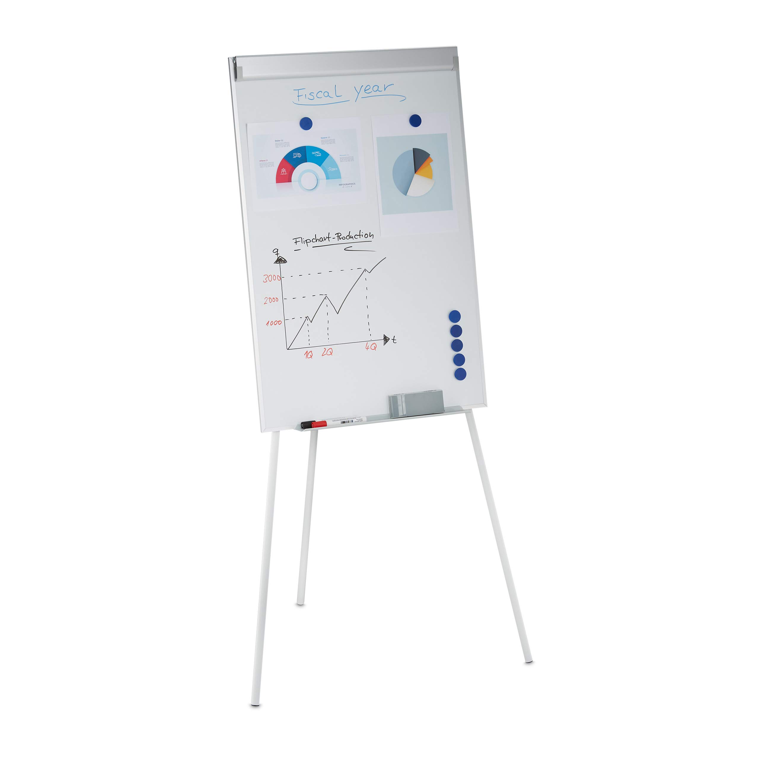 Relaxdays Flipchart Whiteboard, Magnetic, Height-adjustable, Tripod, Pen Tray, Aluminium Frame, HxW: 90 x 60 cm, White, Iron, 175 x 80 x 75 cm