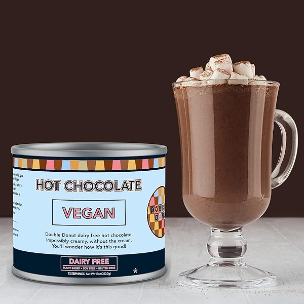 DOUBLE DONUT COFFEE DAIRY FREE HOT CHOCOLATE MIX, NON DAIRY INSTANT VEGAN HOT CHOCOLATE MIX, 12 OUNCE