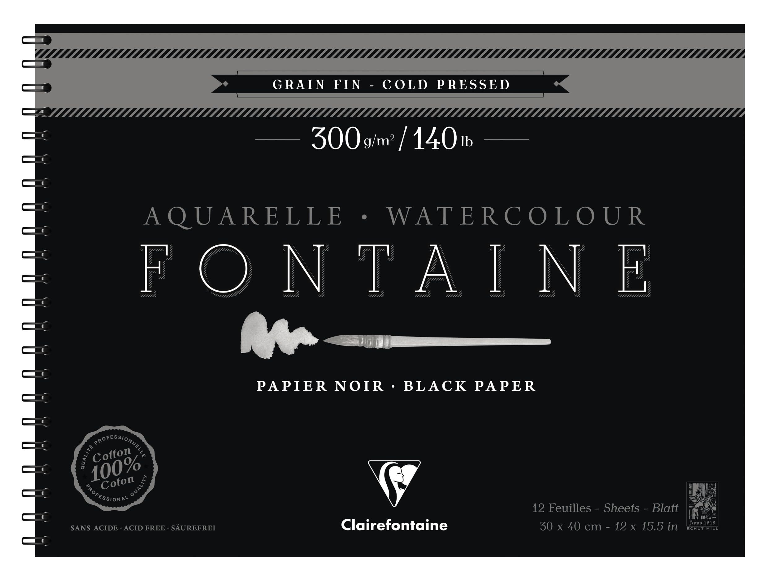 Clairefontaine - Ref 975312C - Fontaine Cold Pressed Black Watercolour Wirebound Pad (12 Sheets) - 30 x 40cm Size, 300gsm Paper - Suitable for Watercolour Artwork