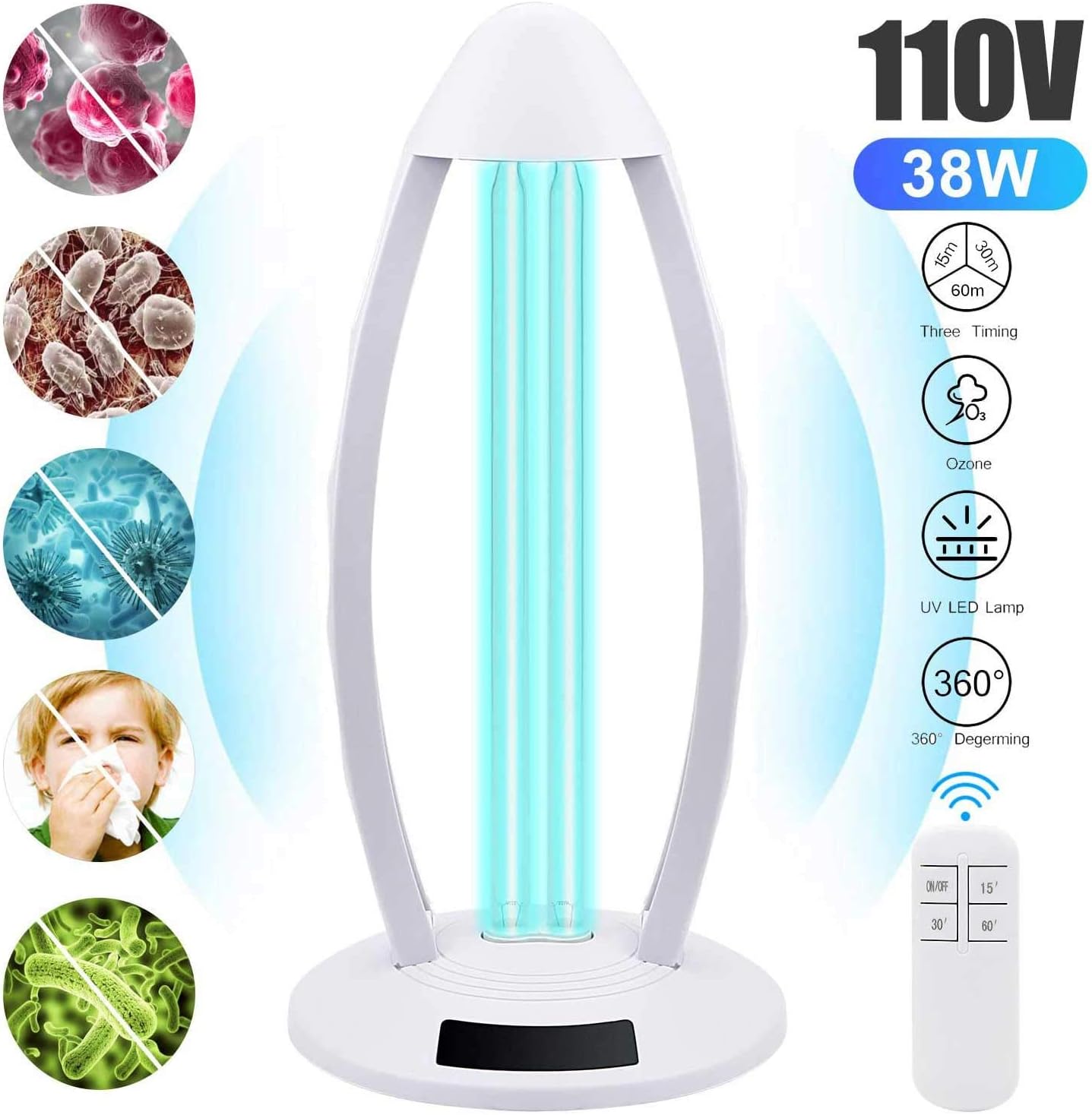 38W UV Germicidal Lamp with Ozone Sterilization - Ultraviolet UVC Disinfection Light with Remote Control Timer