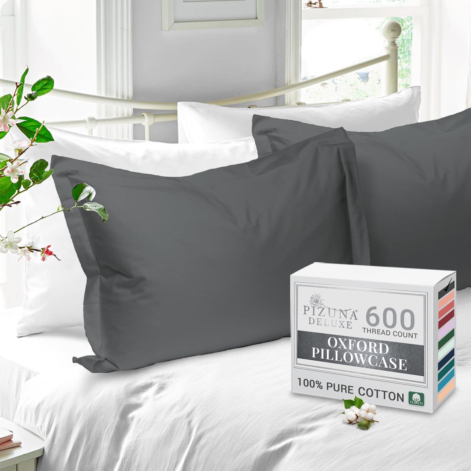 Pizuna Pure Cotton Standard Pillowcases 2 Pack Dark Grey 50x75cm, 600 Thread Count Long Staple Combed Cotton Crisp Pillow Cover, Soft Sateen Oxford Pillow Cases (Cooling Pillowcase) — image 1