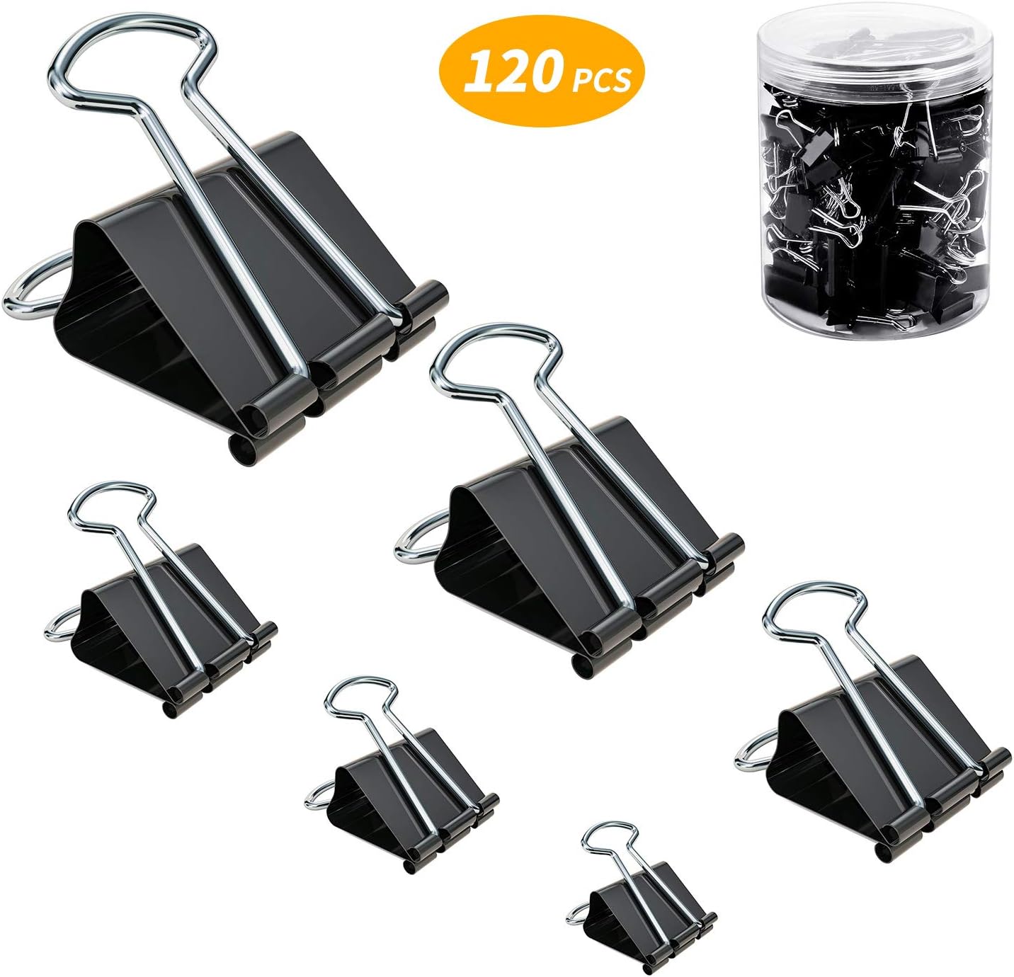 Laelr 120 Pcs Binder Clips, 6 Sizes Paper Clamps Metal Foldback Clips for Notes Letter Foldback Klemmer, Students Teachers Schools Office Home Supplies - Black