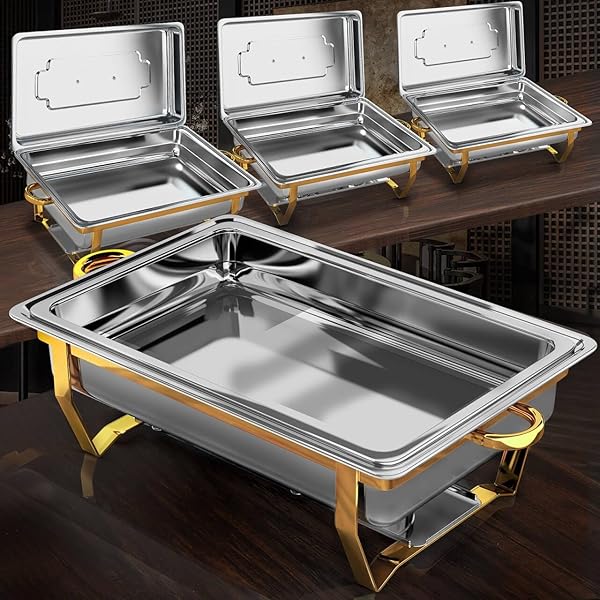 CHAFING DISHES FOR BUFFET 4 PACK, [ELEGANT GOLD AND SILVER] STAINLESS STEEL CHAFING DISH BUFFET SET, 9QT NO-FINGER CUT ROLL EDGE CHAFERS AND BUFFET WARMERS SETS FOR PARTY (GOLD FULL PANX4)