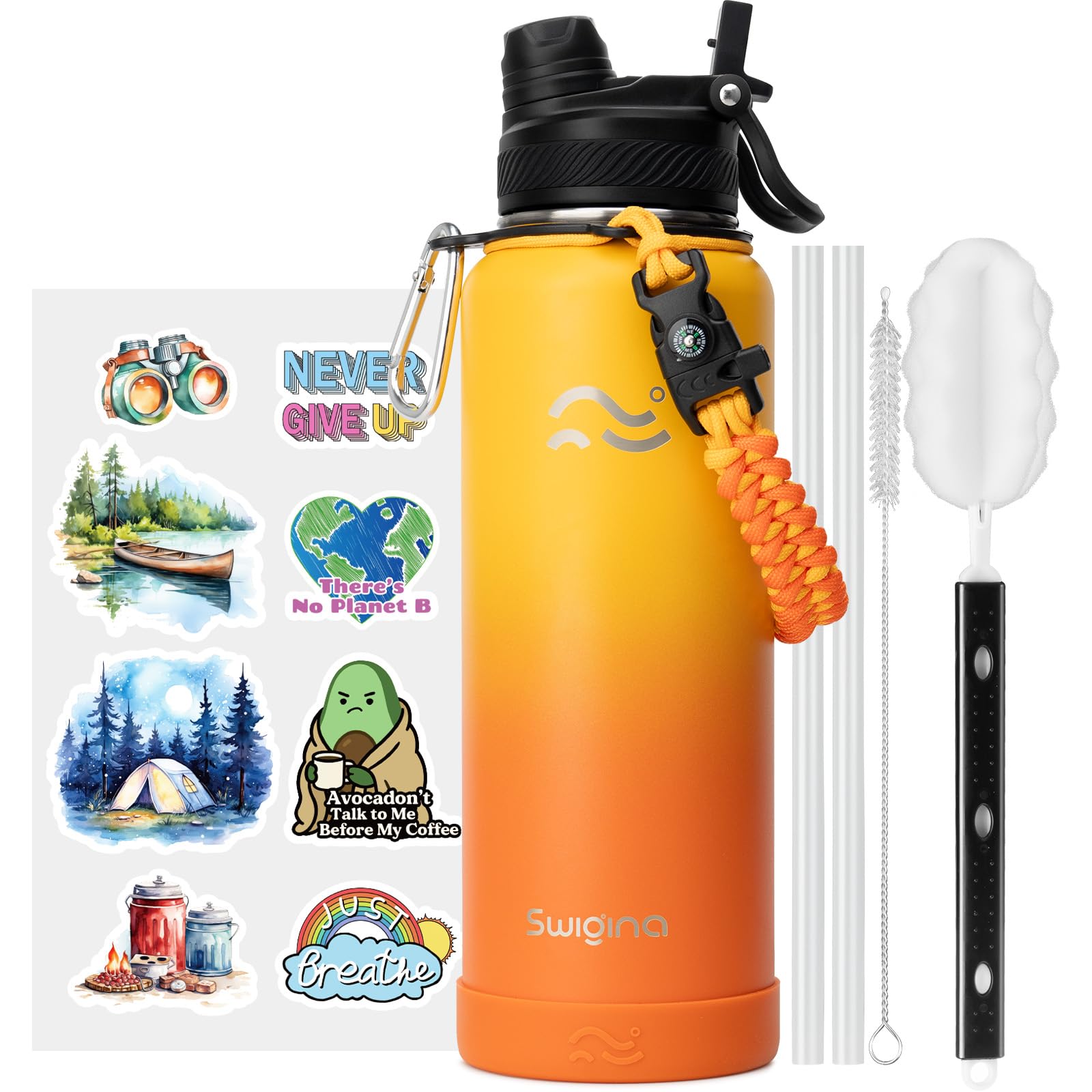 Swigina [2-IN-1 LID] Insulated Water Bottle with Silicone Boot (36hrs Cold/18hrs Hot) - DIY Stickers, Leakproof, BPA Free, 40 oz Image