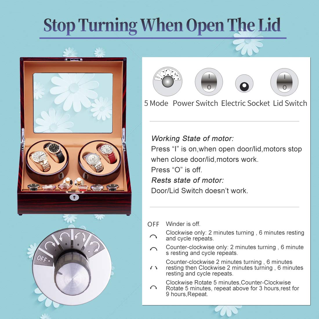 FRUCASE 4+6 Watch Winder for Automatic Watches, New Version, Wooden Box with High-end Velvet Interior and Battery Option