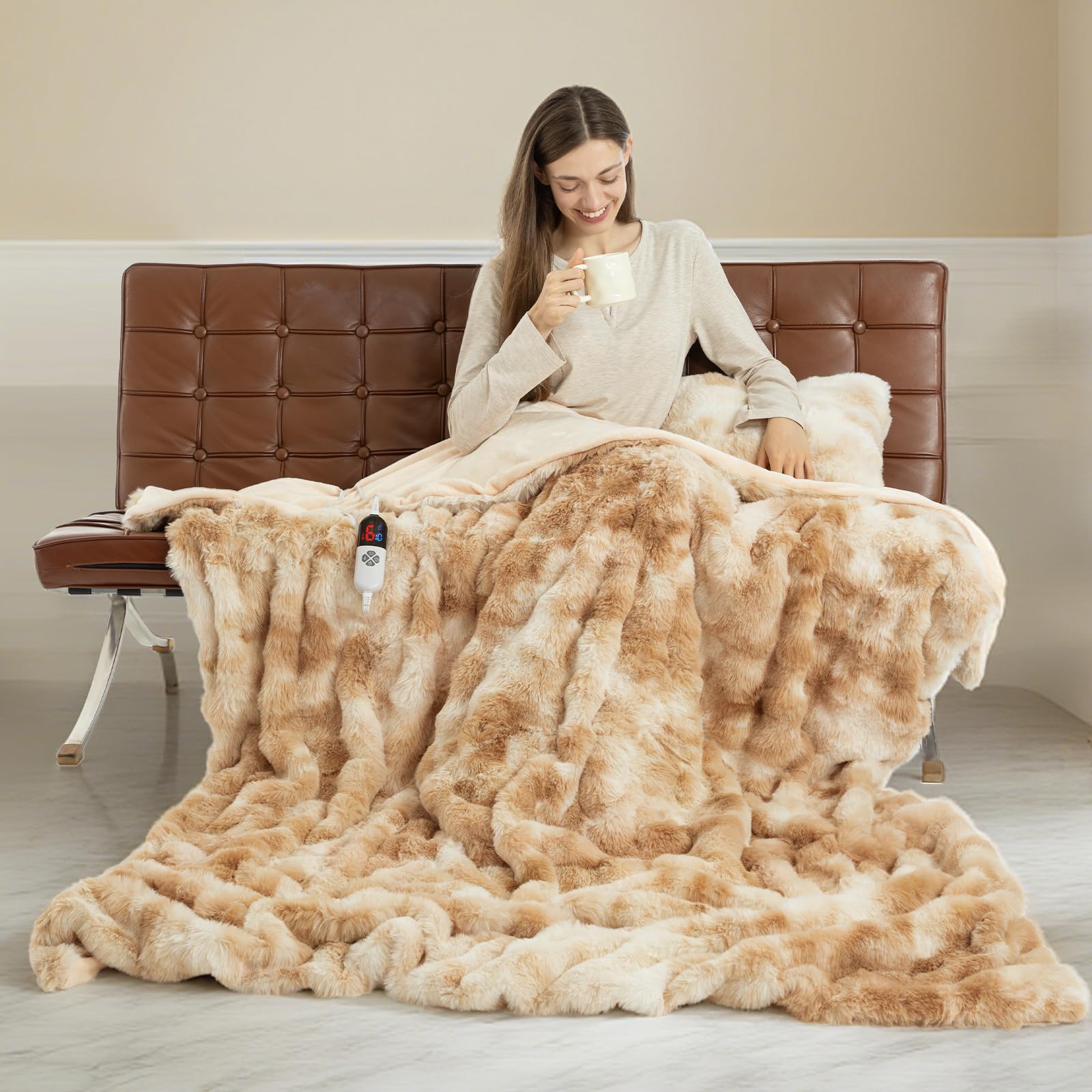 Photo 1 of Faux Fur Heated Throw Blanket for Couch - 50"X60" Bubble Faux Fur Electric Blanket Fluffy Fuzzy Soft Thick with 6 Fast Heating Levels & 4 hrs Timer Settings, Washable & ETL Certified, Tie-Dye Beige