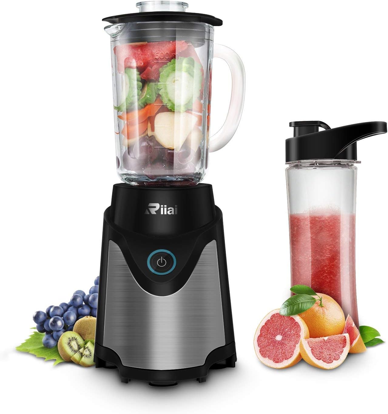 Riiai Blender,Smoothie Maker,500 Watt Stainless Steel Single Serve Blender 6 Action Stainless Steel Blade With 570mL Tritan BPA Free Travel Sport Bottle Lid,Black (Blender)