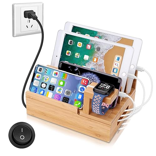 OthoKing Charging Station Organizer,Fast Charging Station for Multiple Device 5-Port USB Bamboo Wood Charging Dock,Universal Apple Watch Phone Pad and Android Like Samsung Cell Phones & Tablets