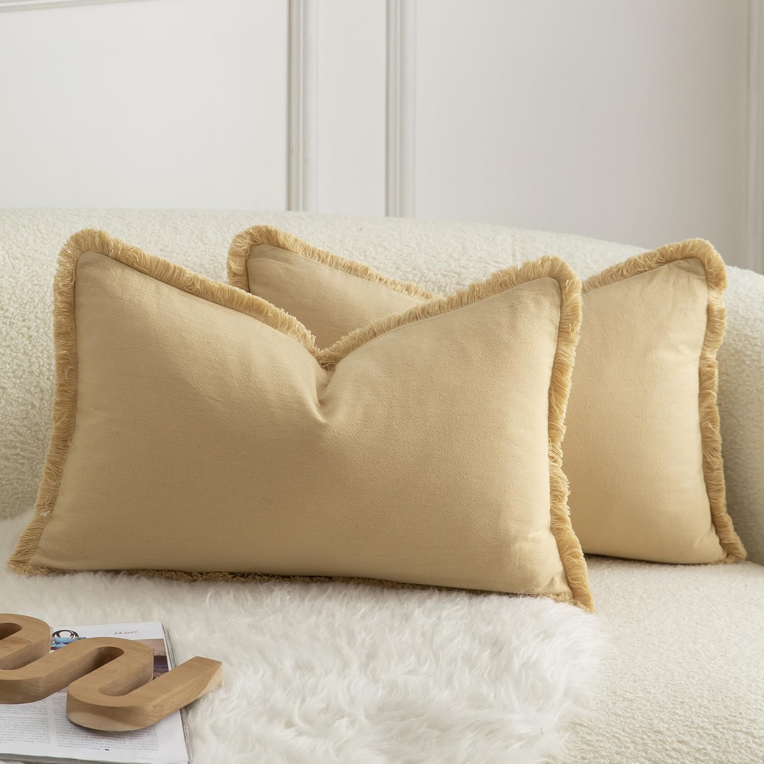 Mandioo Set of 2 Neutral Cotton Fringe Cushion Covers 30x50 cm 12x20 inch Decorative Boho Farmhouse Throw Pillowcase Cozy Tassels for Couch Sofa Bedroom Living Room Home Decor Khaki