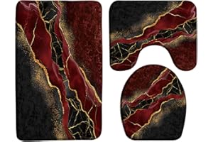 ZKJSMGS Red Marble 3 Piece Bath Rug Sets,Abstract Burgundy Maroon Marble Gold Veins Texture Crack Ink Luxury Geometric 17.8"x29.5"Bath Rug,Toilet Seat Cover, U-Shaped Toilet