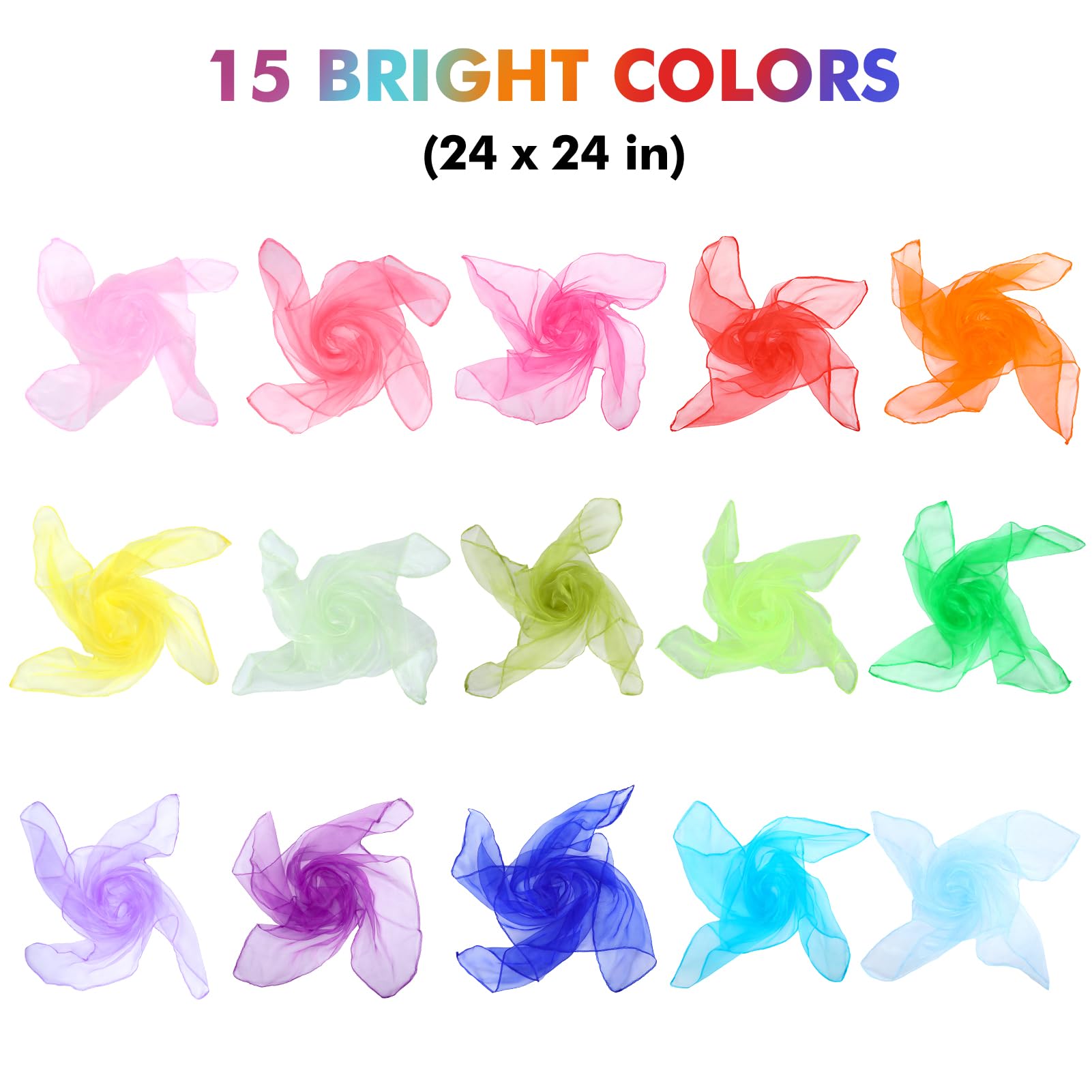 Colovis 60 Pack Dance Scarves,15 Colors Square Juggling Scarf Props Magic Trick Silk Scarves Music Movement Scarf for Kids to Play with, 24 by 24 Inches