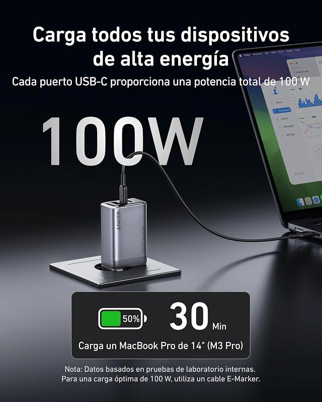 Anker Prime 100W USB C Charger, 100W USB C Charger, Anker 3-Port GAN Wall Charger Dobrável e Compacto, para MacBook, iPad, iPhone 16/15/14/13 Series, Galaxy S24/S23 e mais