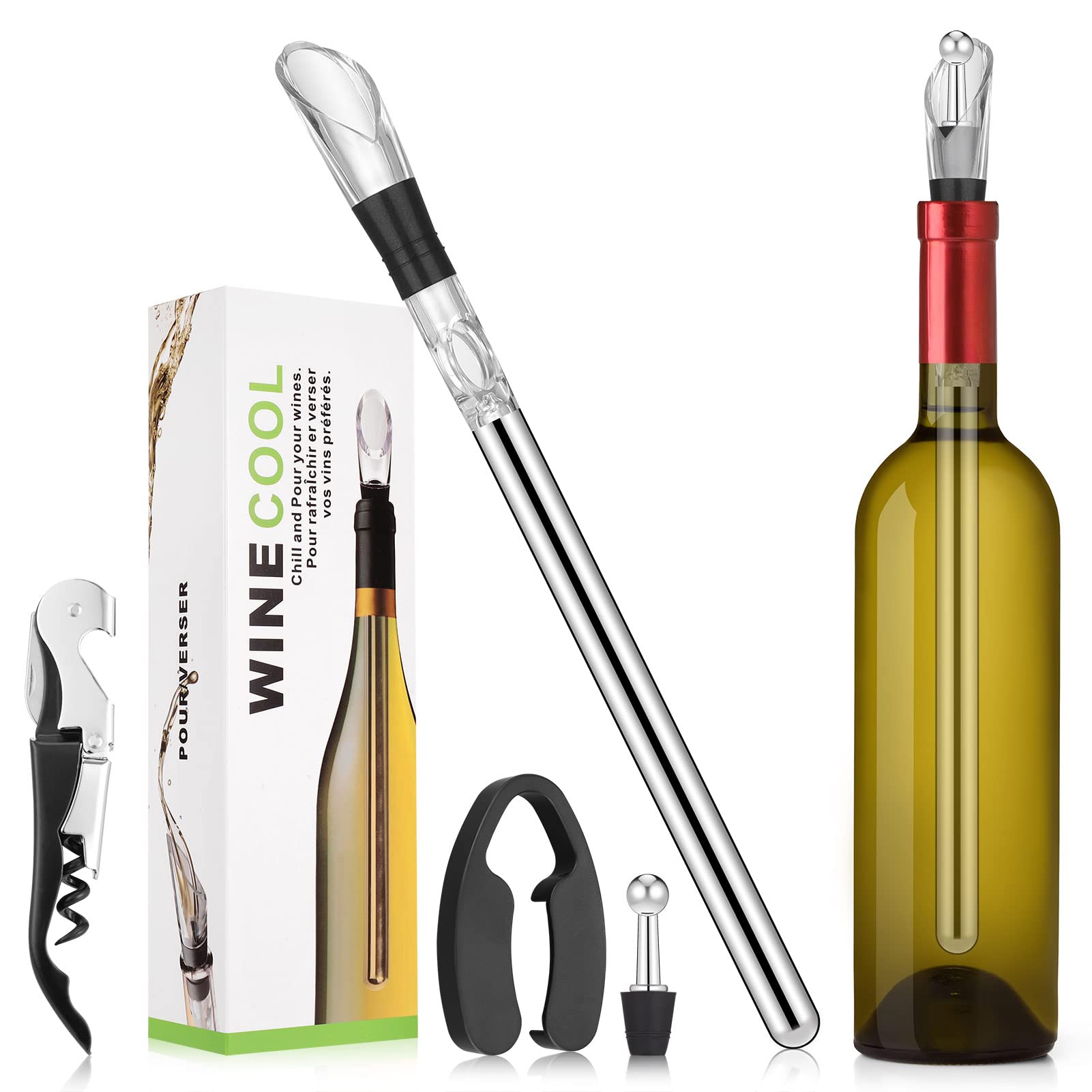 Zocipro 4-in-1 Stainless Steel Bottle Chiller Rod with Bottle Opener, Zinc Alloy Wine Stopper, Paper Cutter, Chiller Stick for White & Red Wine