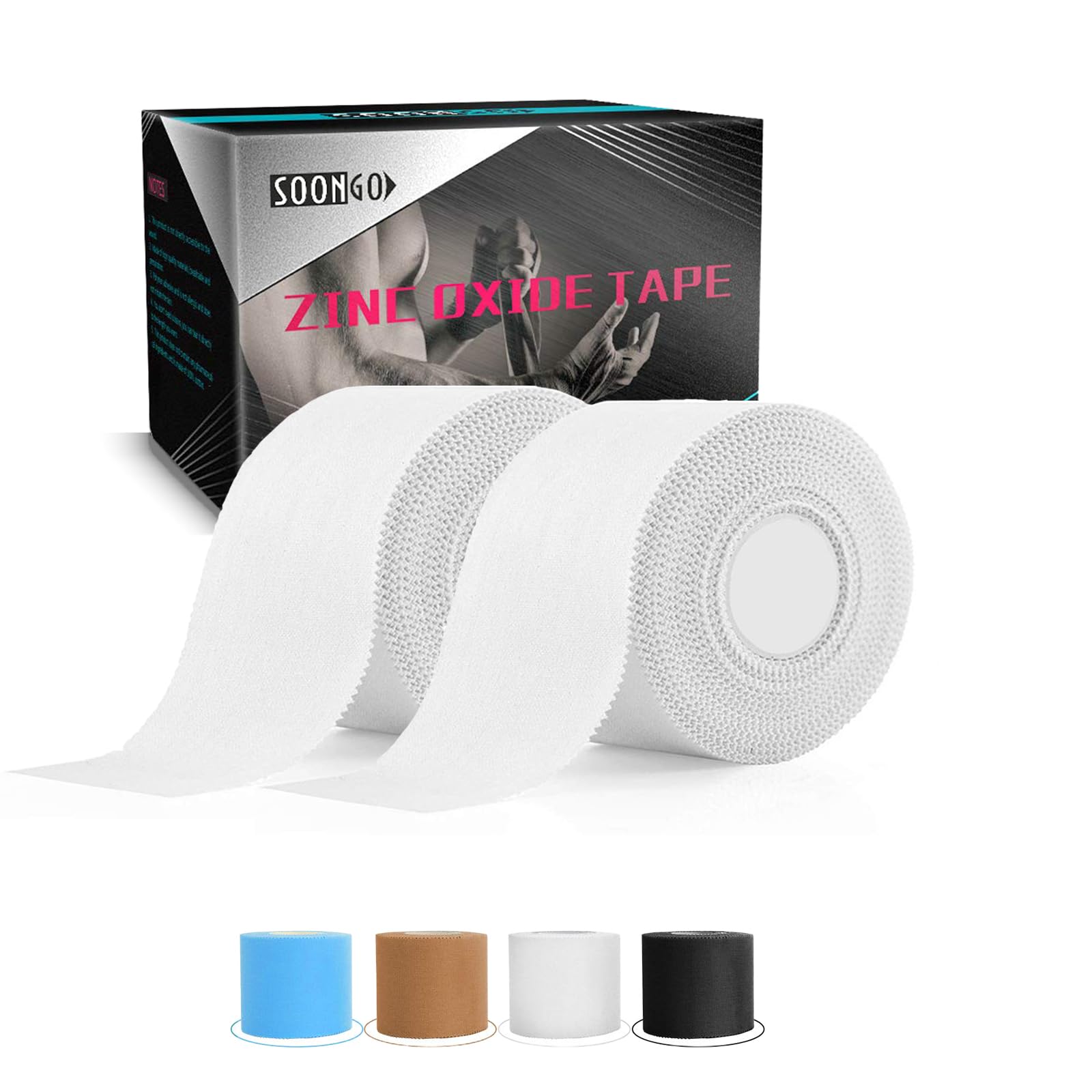 SOONGO Zinc Oxide Tape 3.8cm x 10m White 2 Rolls Sports Strapping Athletic Tape Inelastic Provide Maximum Support Fixed Joint Good Viscosity Hypoallergenic