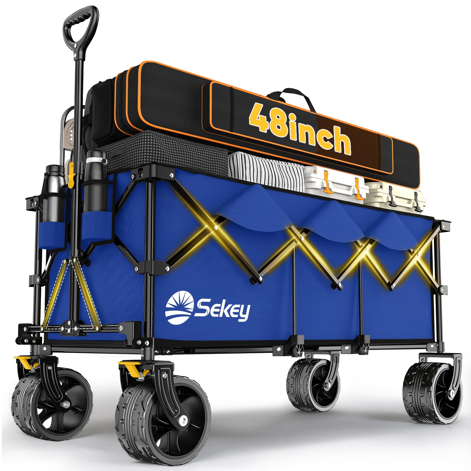 Sekey Extended Collapsible Foldable Wagon with 660lbs Weight Capacity, Heavy Duty Folding Utility Garden Cart with Big All-Terrain Beach Wheels & Drink Holders. Royal Blue Image