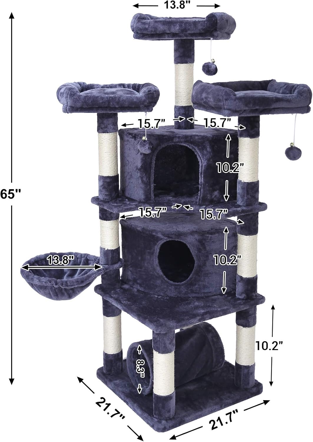 Hey-brother 65" Extra Large Multi-Level Cat Tree Condo Furniture with Sisal-Covered Scratching Posts, 2 Bigger Plush Condos, Perch Hammock for Kittens, Cats and Pets (Smoky Gray) MPJ030G : Pet Supplies