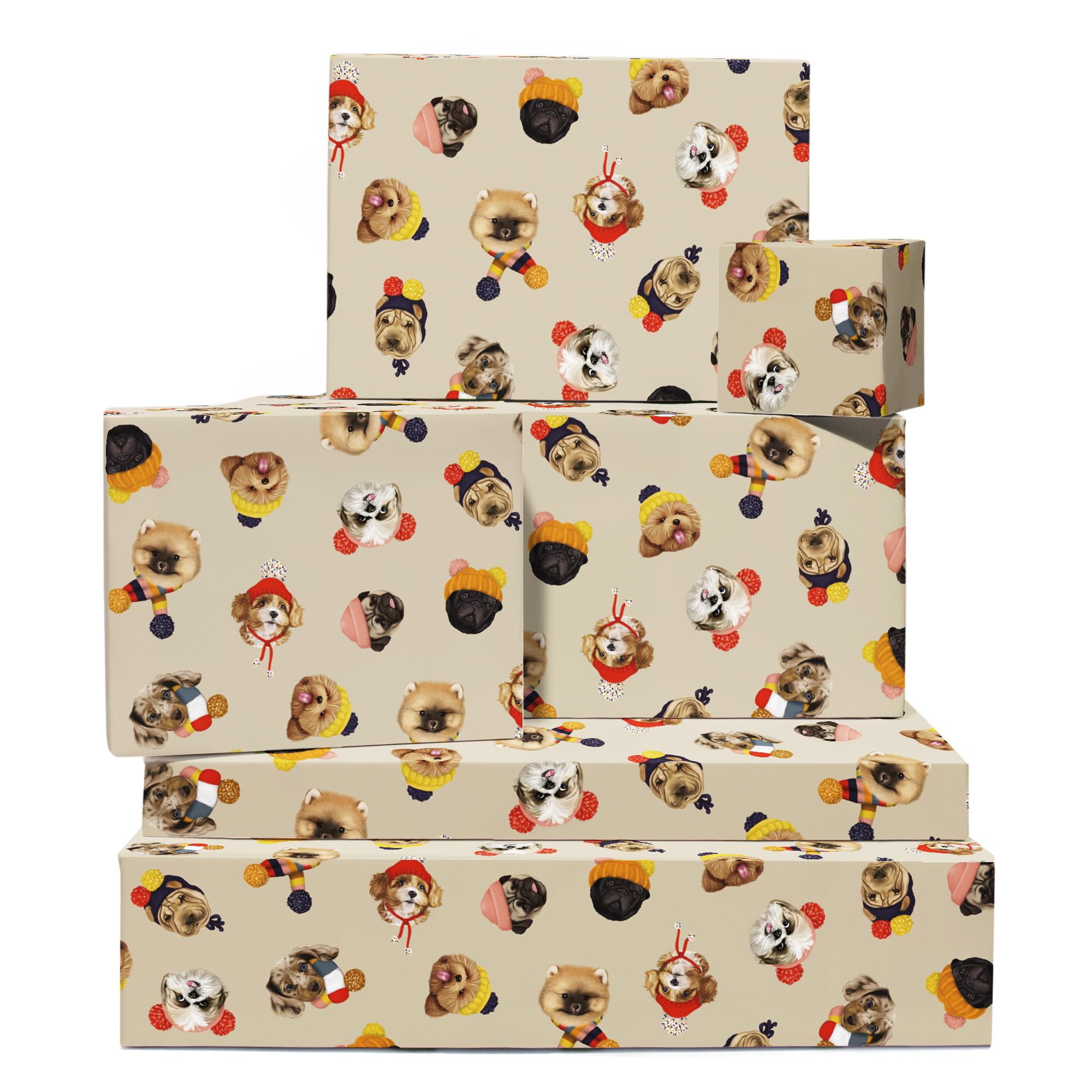 Christmas Wrapping Paper and Tags - 6 Gift Wrap Sheets for Xmas - Dogs in Hats - Fun Gift Wrap For Girls Boys - Trendy GiftWrap Men and Women - Recyclable - by Central 23