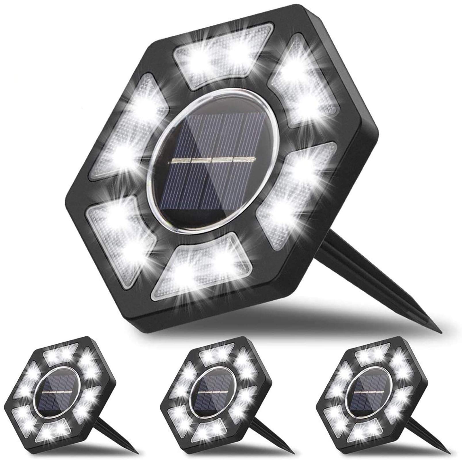 Gintenco Solar Lights Outdoor Garden, Solar Ground Lights, IP67 Waterproof Garden Floor Lights, 12-LED White Solar Disk Lights for Lawn Pathway Patio Garden [Energy Class A++](4 Packs)