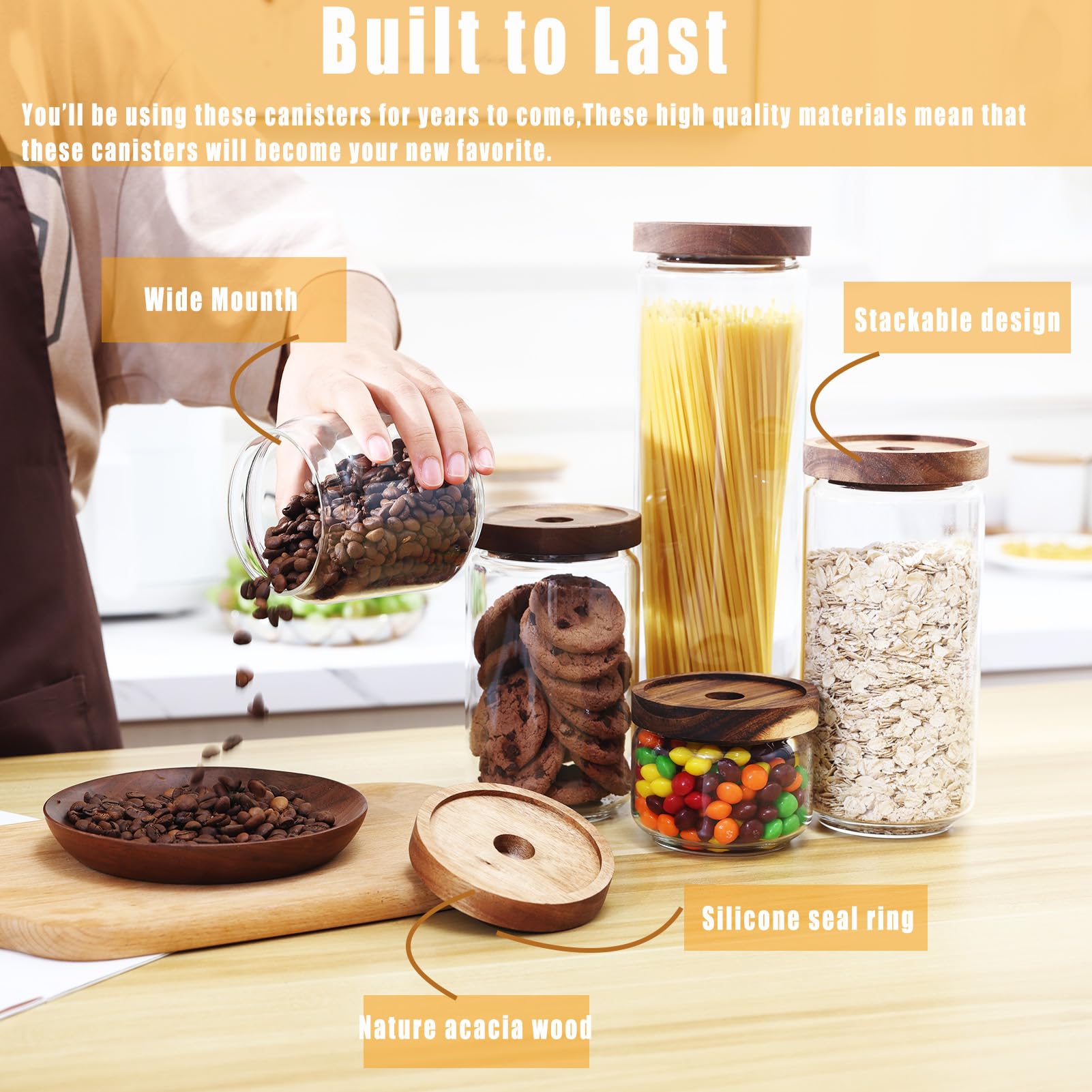 REFSAVER Glass Jar with Lid Coffee Canister with Airtight Bamboo Wooden Lid Glass Storage Containers for Candy,Tea,Coffee,Sugar,Cookie,Spice 5Pack