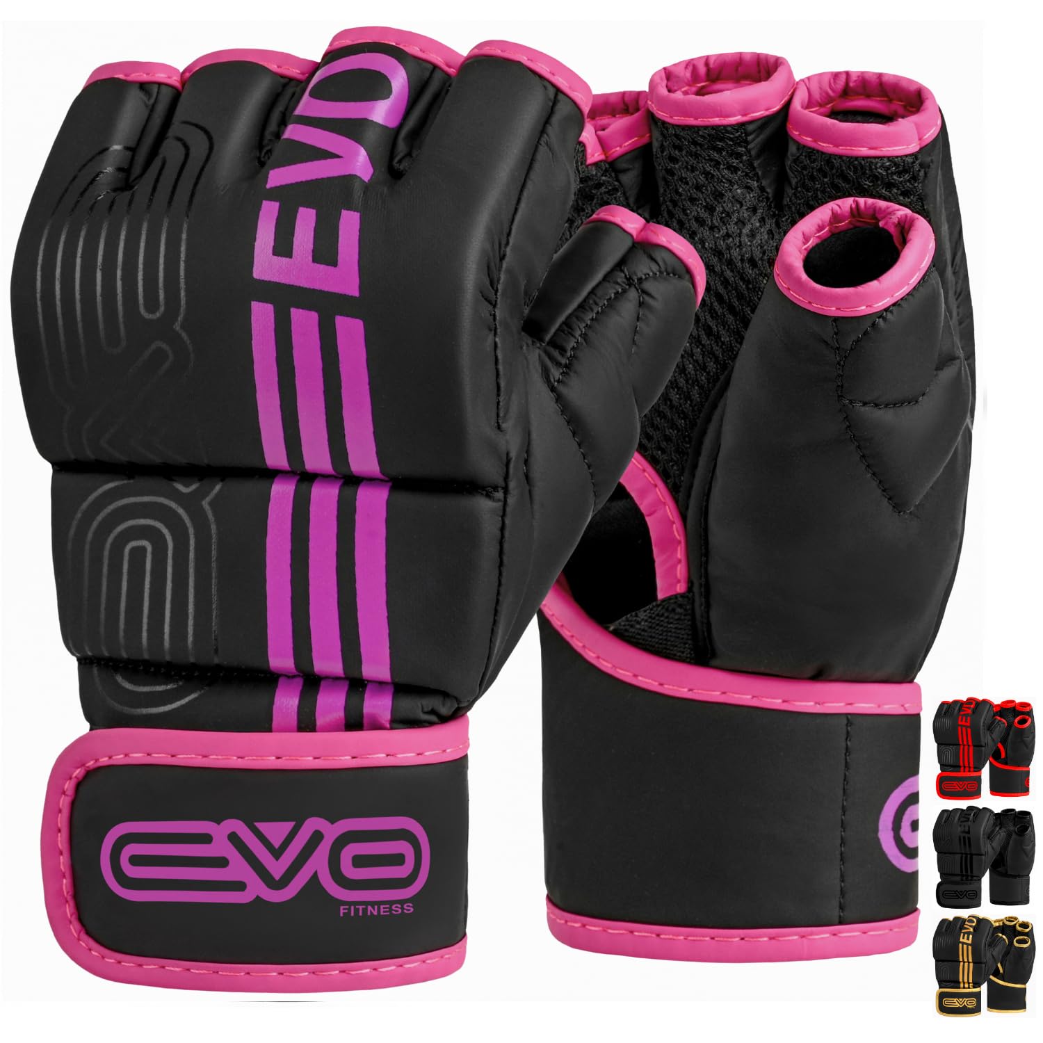 EVO Fitness Matte Black MMA Gloves Martial Arts Mitts Grappling Sparring Men Muay Thai Cage Fighting Boxing Combat Sports Women pink UFC Punching Bag Training (Small, Pink)