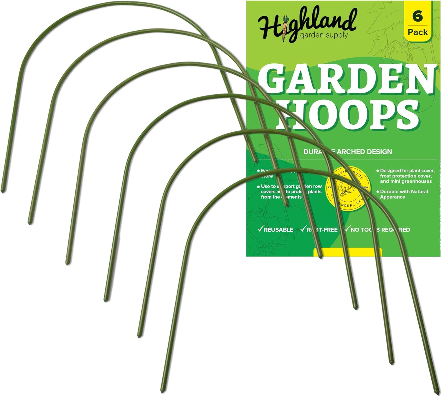 6 Pack Garden Hoops Raised Bed Stakes for Plant Support Greenhouse Row Cover (20" W x 19" H)