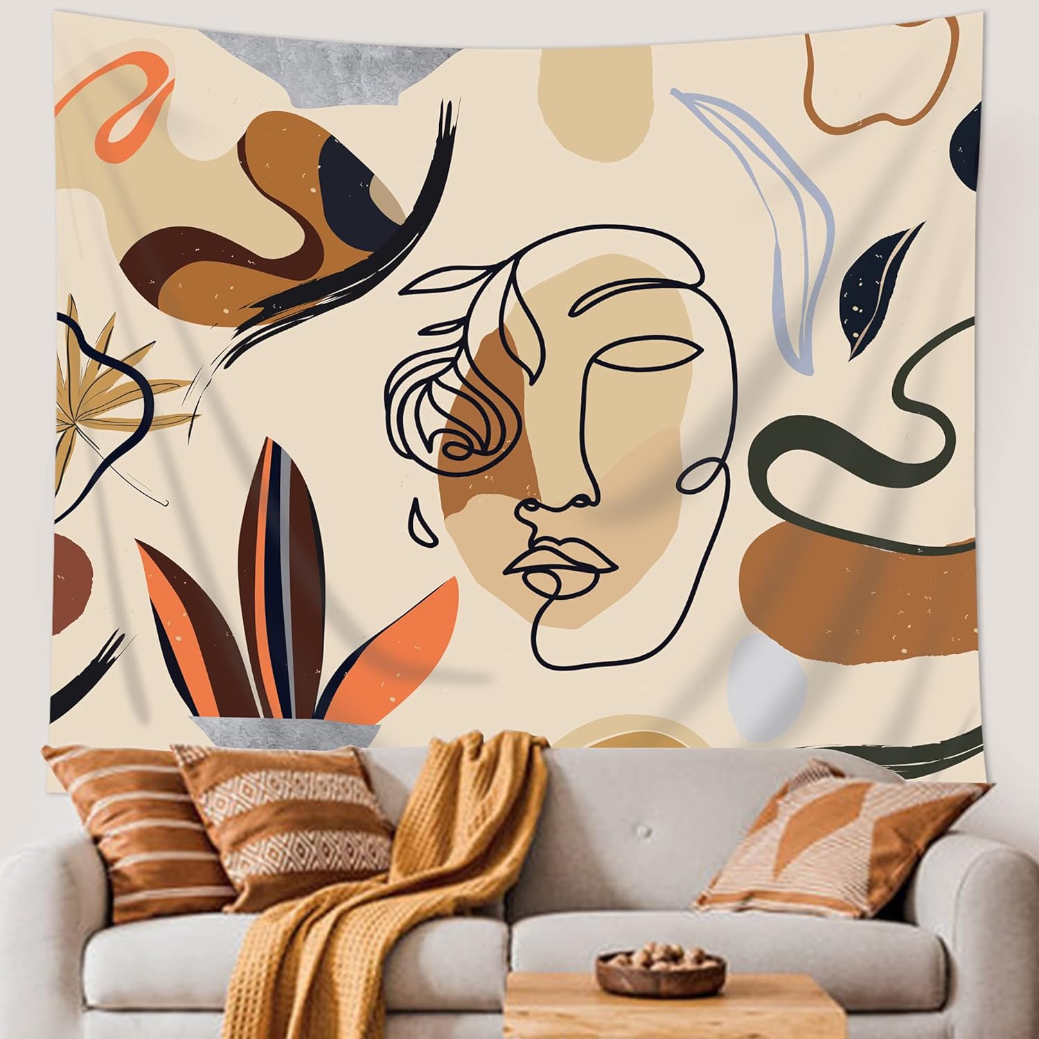 Tapestries - LGhtyro Abstract Boho Tapestry Wall Hanging Modern Bohemian Aesthetic Face Dorm Room Minimalist Geometric Terracotta Brown Line Woman Bedroom Wall Art Home Decor 59Hx51W