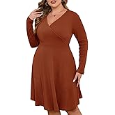 ZOMVA Plus Size Sweater Dress V Neck A-line Knee Length Dress Fall Winter Casual Ribbed Knit Long Sleeves