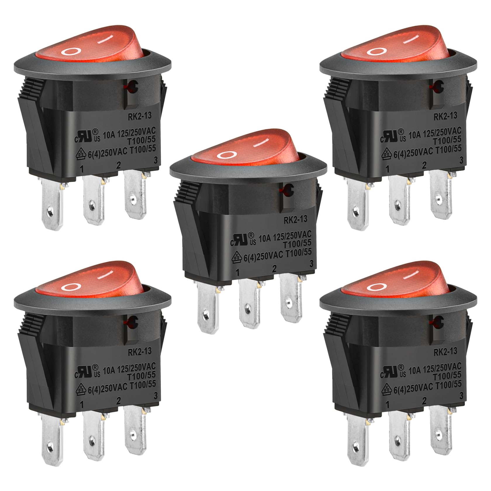 Heschen Red Round Rocker Switch Round ON-OFF SPST 3 Terminals 10A 250VAC UL VDE 5Pack