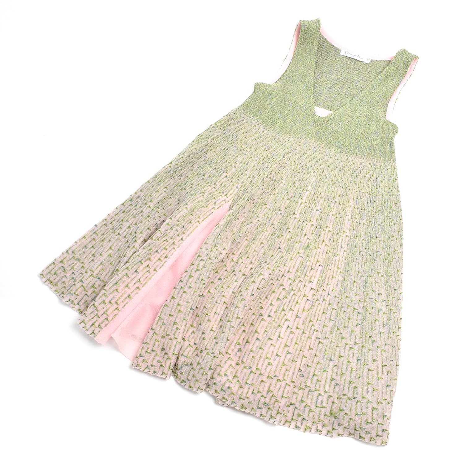 宅配便配送 クリスチャンディオール Christian B07fbf42f3 中古 M 38 緑 ピンク グリーン レディース ミディ丈 ひざ丈 Aライン ノースリーブ ギャザーワンピース ワンピース ニット ラメ Dior ワンピースチュニック Rdd Tint Or Th