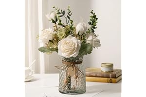 YJ Fake Flowers with Vase, Silk Roses Artificial Flowers in Vase, Faux Flower Plant Arrangement Suitable for Home Office Decoration, Dining Table Centerpiece(White)