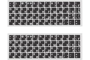 2 PC Russian English Keyboard Stickers - Replacement Ergonomic Cyrillic None Transparent PC Large White Lettering Black Backg