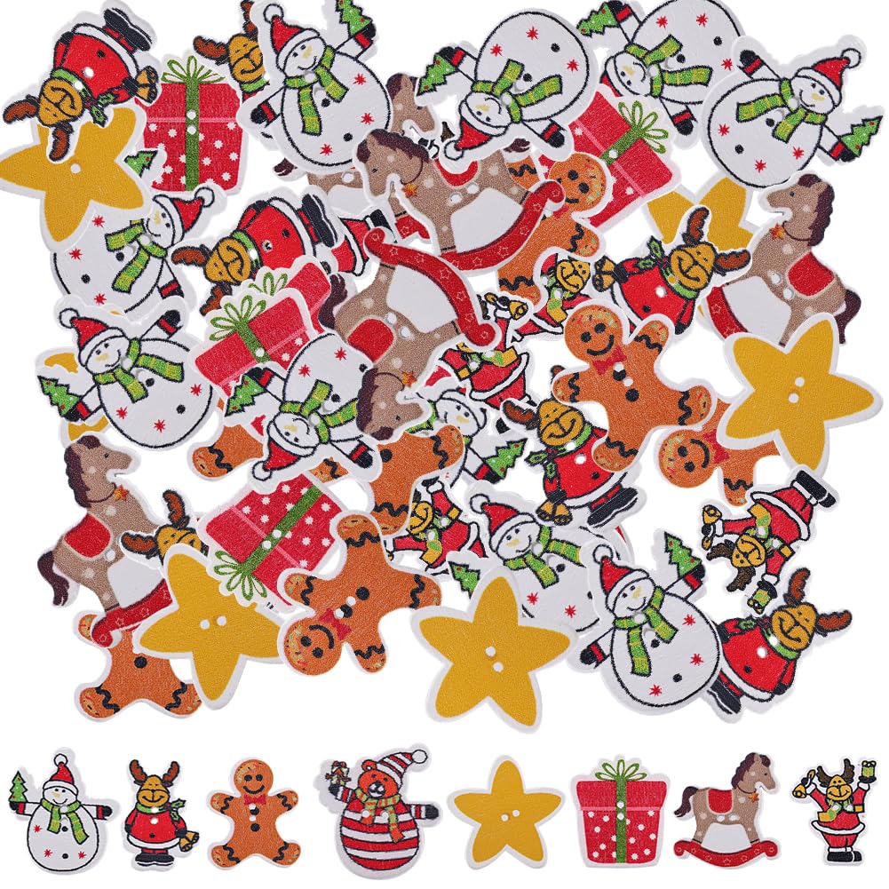 GORGECRAFT 100Pcs 8 Styles Christmas Wood Buttons Xmas Craft Botton Santa Claus Snowman Star Gift Random Wodden Gingerbread Man horse Botton Knit for DIY Art Sewing Crafting Home Tree Decoration