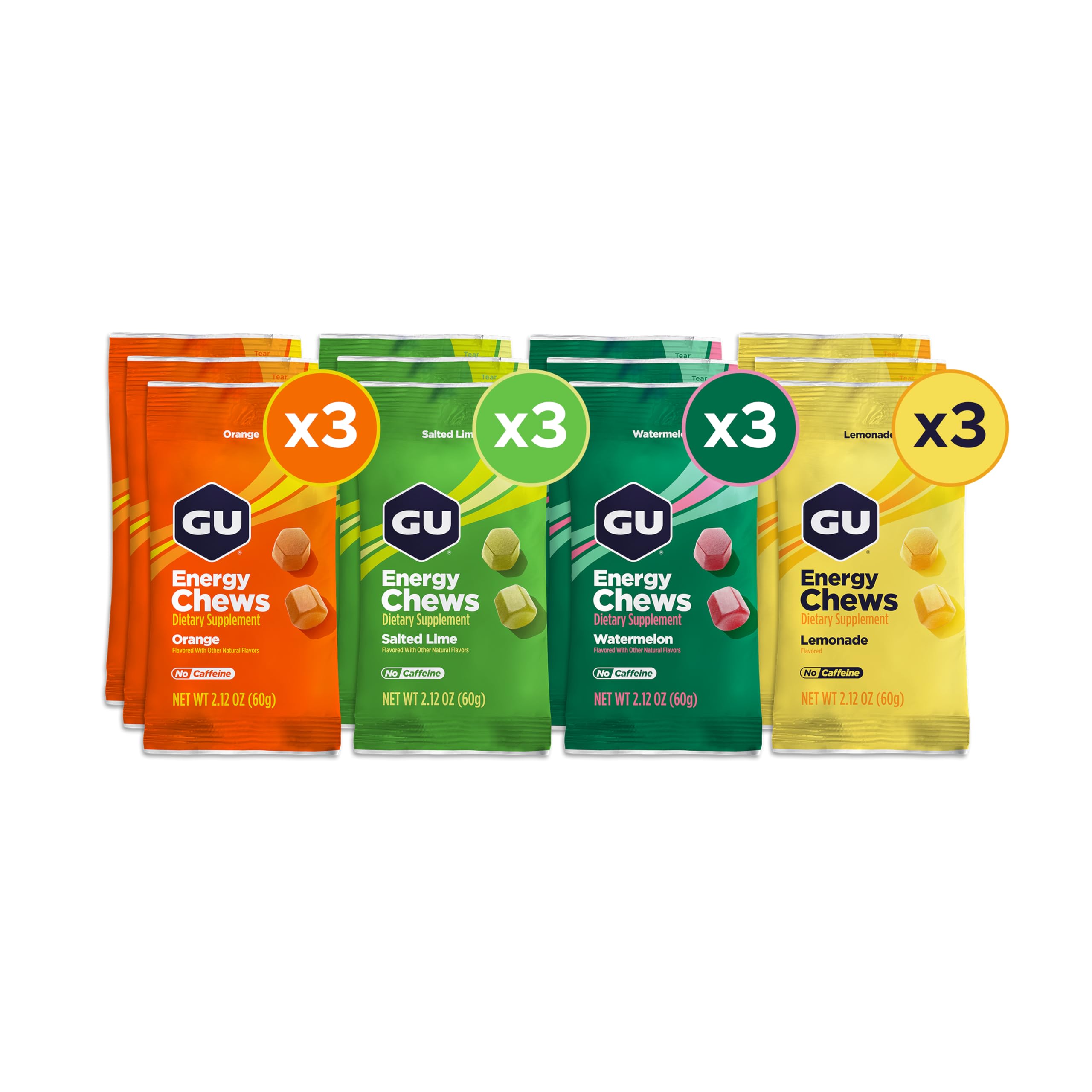 GU Energy Chews, Mixed Pack Gummies with Electrolytes, Vegan, Gluten-Free, Caffeine-Free, and Dairy-Free On-The-Go Energy for Any Workout,12 Bags (24 Servings Total), Flavors May Vary Image