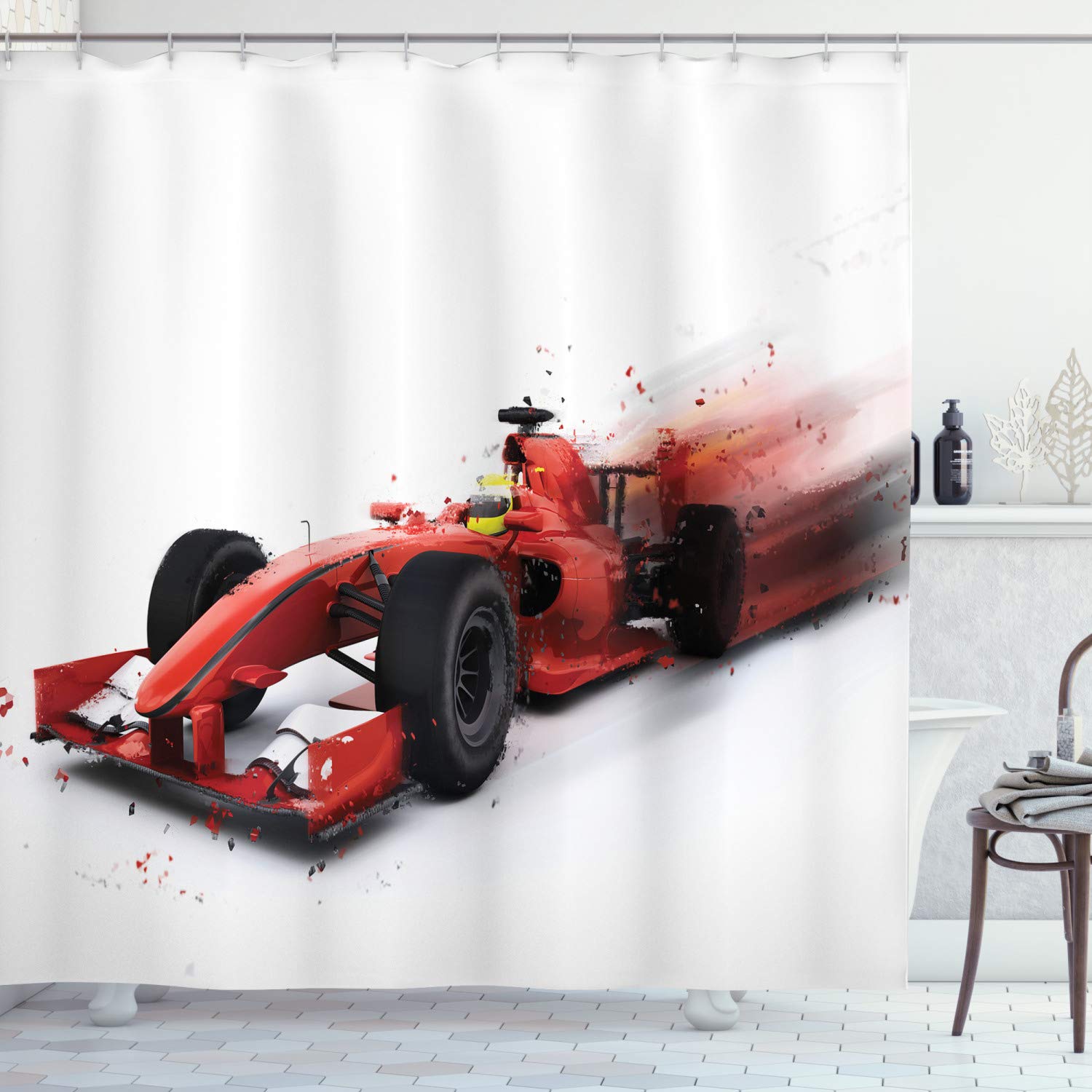 ABAKUHAUS Cars Shower Curtain, Generic Formula Racing Car Illustration with Special Effect Turbo Motion Auto Print, Cloth Fabric Bathroom Decor Set with Hooks, 78 Inches, Black and Red — image 1