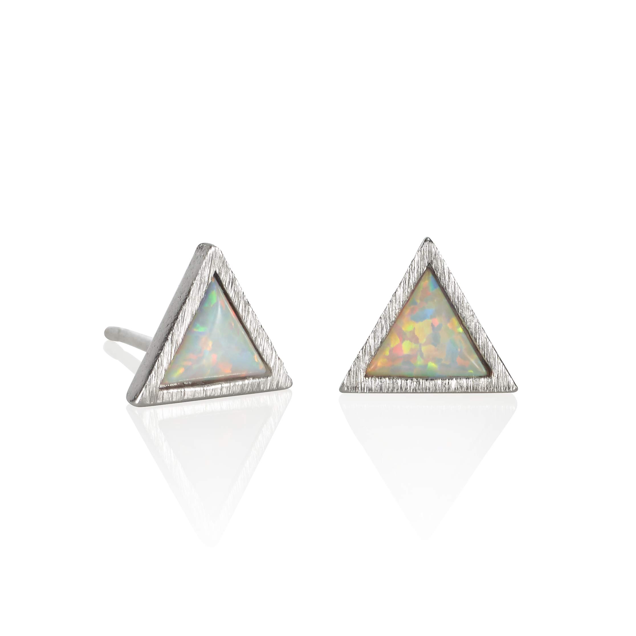 Namana Triangle Silver Opal Stud Earrings for Women and Teen Girls, Dainty Brushed Finish Geometric White Opal Earrings for Wome, Silver Studs with White Opals with Gift Box