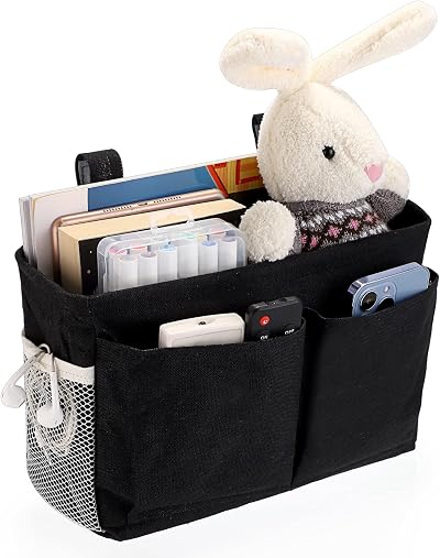 IGNPION Canvas Bedside Hanging Storage Organizer Pocket Caddy Black