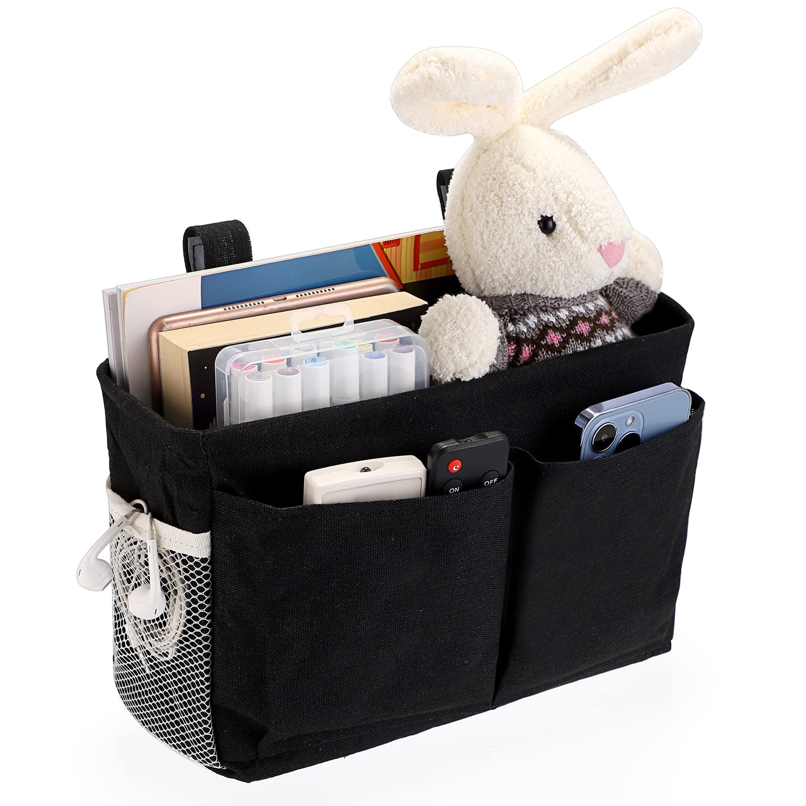 IGNPION Canvas Bedside Hanging Storage Bed Pockets Baskets-Adjustable Hanging Tape Dormitory Bed Organiser Caddy Mulit-purpose Hanging Storage Bag for Home Office School Dorm Hospital, Black
