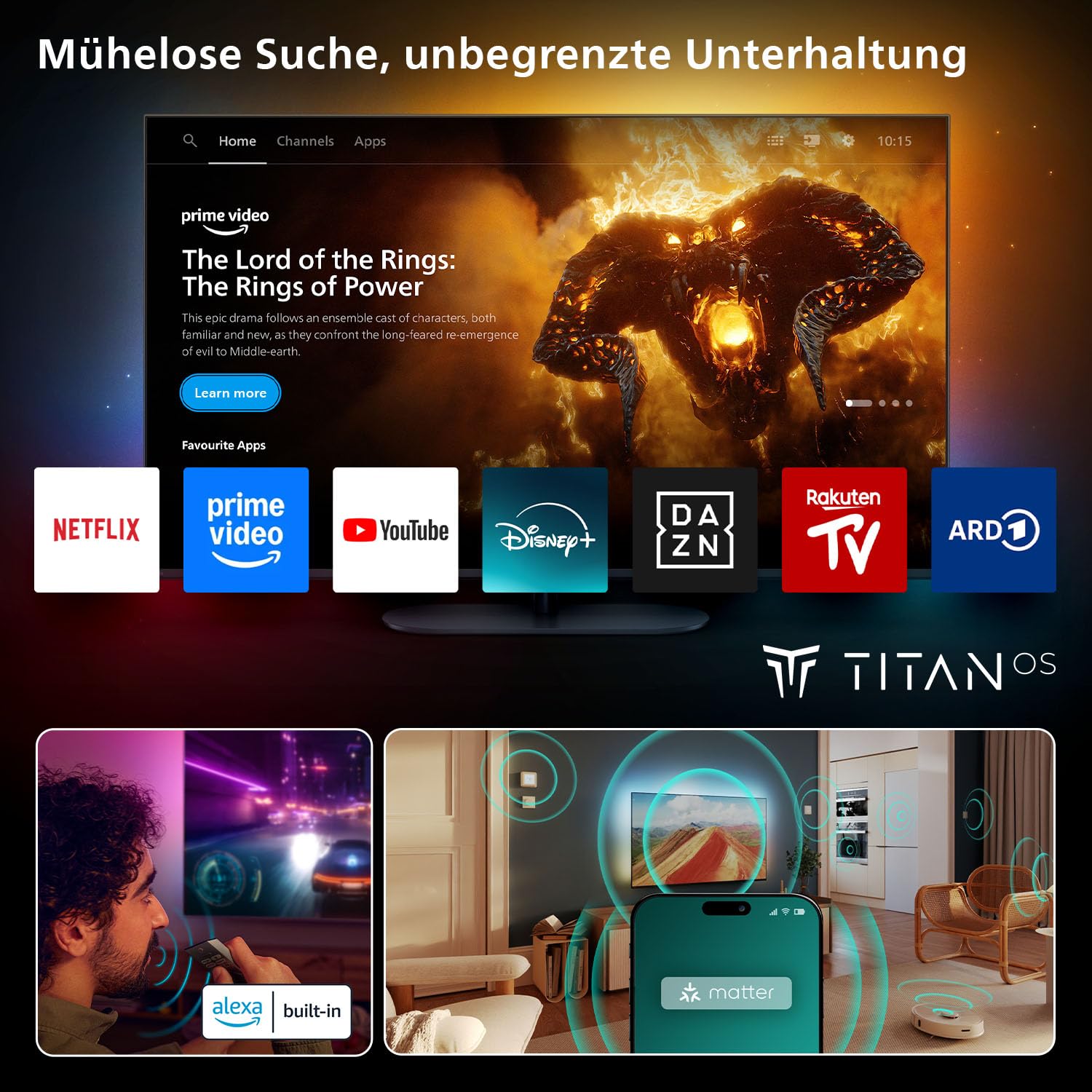 Philips Ambilight 55PUS8600 4K QLED Smart TV - 55 Zoll Display mit P5 Perfect Picture Engine Ultra HD, Titan OS, Dolby Vision und Dolby Atmos Sound 6
