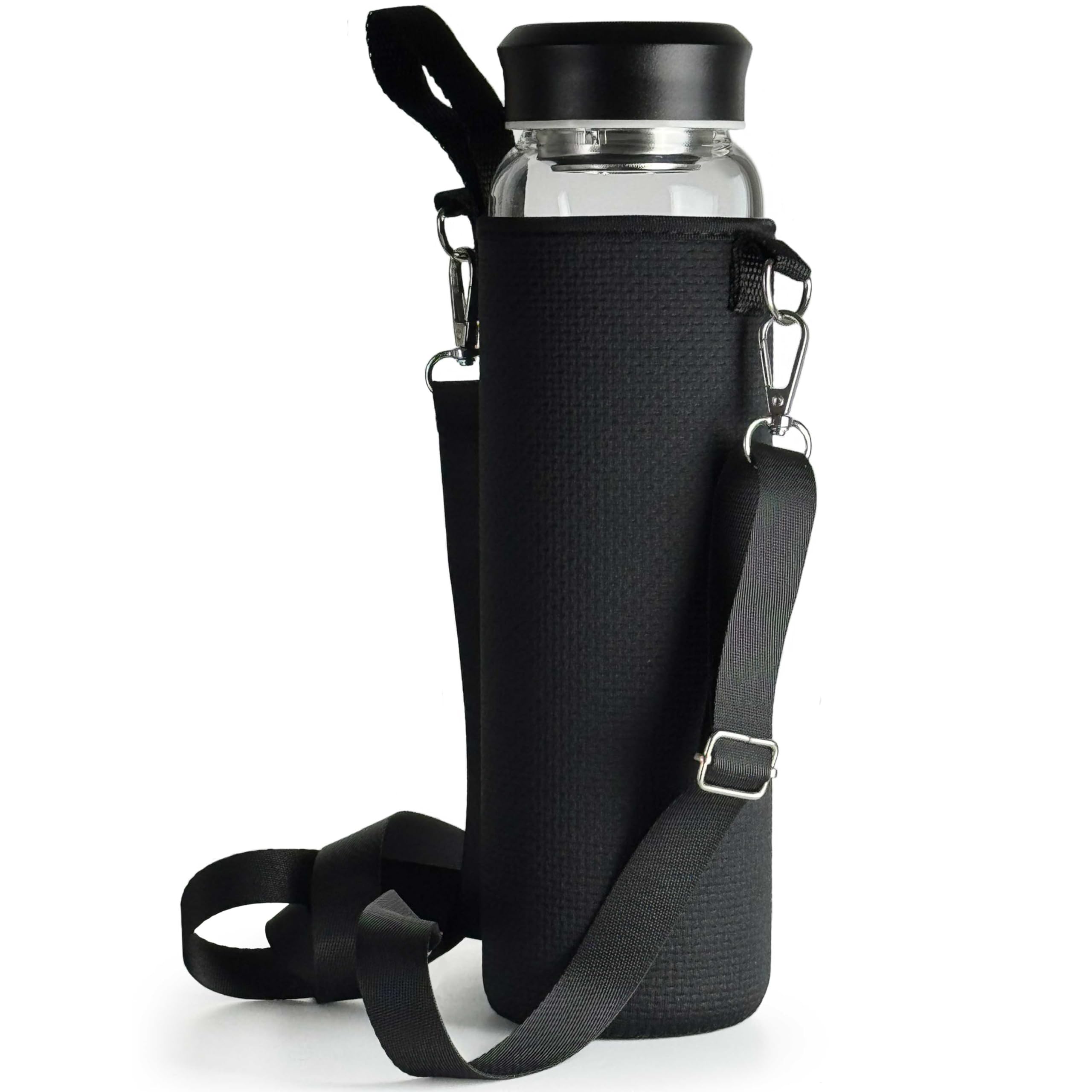drinmoaer 1L Clear Glass Water Bottles with Black Stainless Steel Lid - Wide Mouth Water Bottle with Sleeve and Strap (Black)