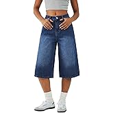 EMMIOL Womens Long Jorts Baggy Y2K Mid High Waisted Retro Jean Shorts Trendy Streetwear Wide Leg Denim Bermudas