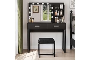 Semiocthome Vanity Desk with Mirror and 10 LED Lights, 39.4"W Makeup Desk with 2 Big Drawers and Side Shelves for Storage, Girl's Dressing Table with Metal Frame, Corner Makeup Table with Chair- Black