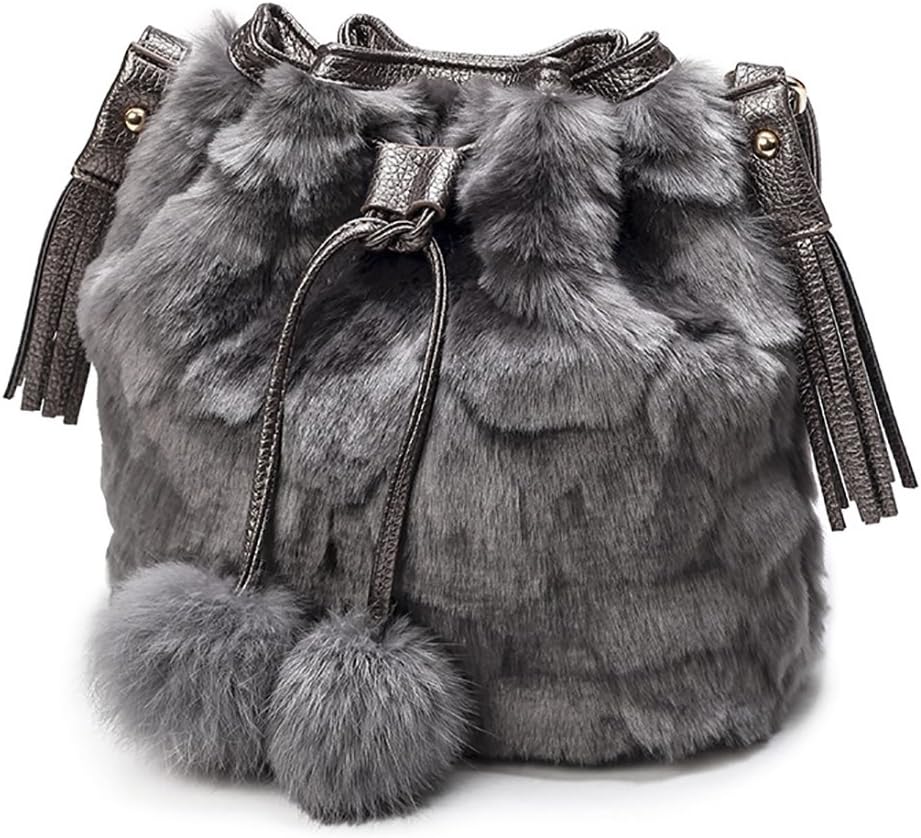 Onfashion Women's Faux Fur Bucket Bag Drawstring Shoulder Bag with Pompon