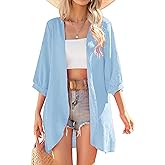 Yekaty Light Blue Cardigan for Women Casual 3/4 Sleeve Lightweight Summer Kimono Cardigan Loose Beach Cover Up Shawl