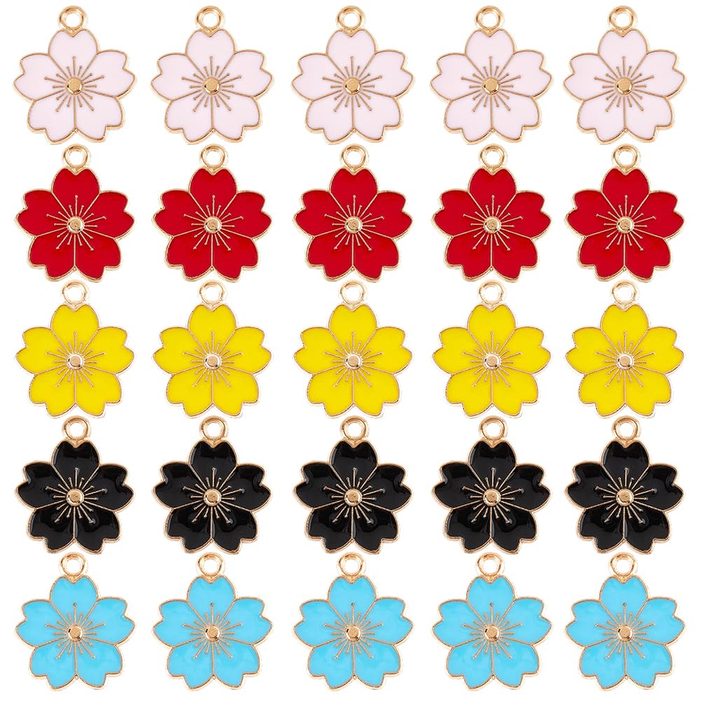 SUNNYCLUE 1 Box 100Pcs 5 Colours Japanese Cherry Blossom Charm Little Flower Charms Enamel Flat Pink Red Spring Small Blossoms Charms for jewellery Making Charms Earring Wedding Holidays Women Beginne