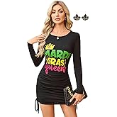 Leevuyu Women's Festival Dress - Crewneck Long Sleeve Adjustable Drawstring Mini Dress with Earrings