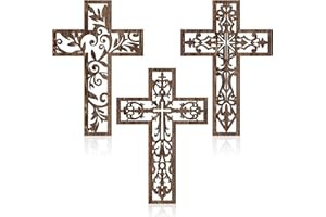 Yookeer 3 Pcs Wooden Cross Wall Decor Cross Hanging Handmade Antique Religious Brown Wooden Home Decorations Hand Carved Wall Decor for Church Home Office Baptism Christmas Gift for Christian