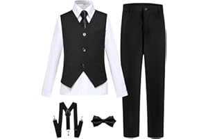 SISAVE Boy's Formal Suit 7 Piece Slim Fit Tuxedo for Kids Teen Boys Jacket Vest and Pants Set for Wedding with Bow Tie Suspenders
