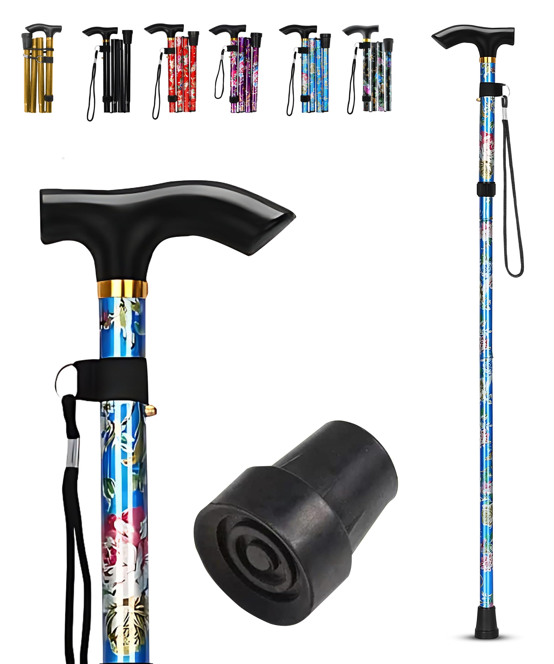LZZAZ® Walking Stick Rubber ends, Adjustable Height Folding Walking Sticks for Men, Aluminum Walking Sticks for Women & Disability Aids, (Blue Flowers)