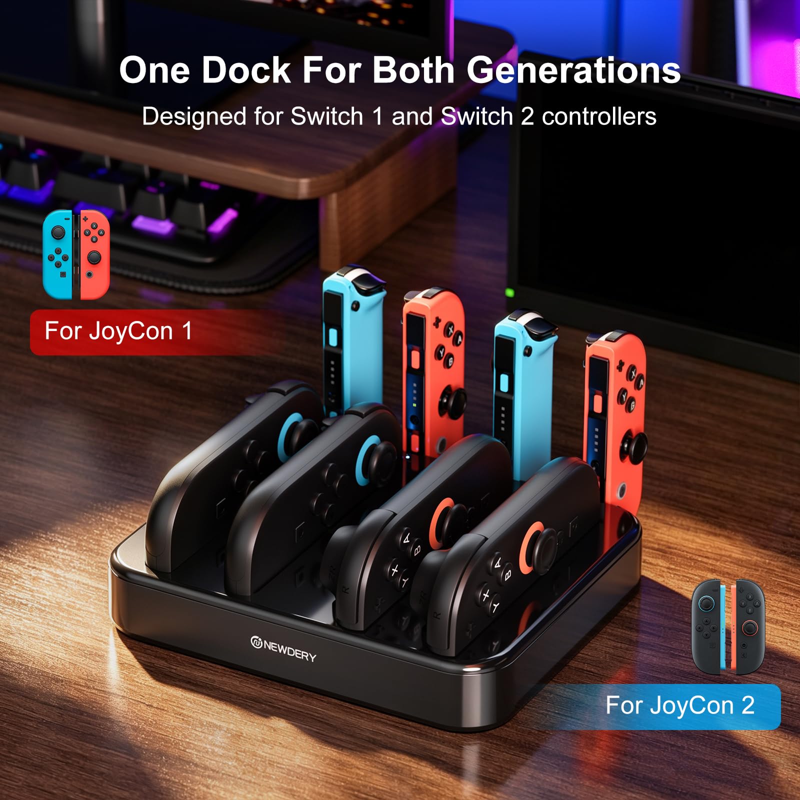 [Für Switch 1/2] NEWDERY 8-in-1-Ladestation für JoyCon 2 & 1 2